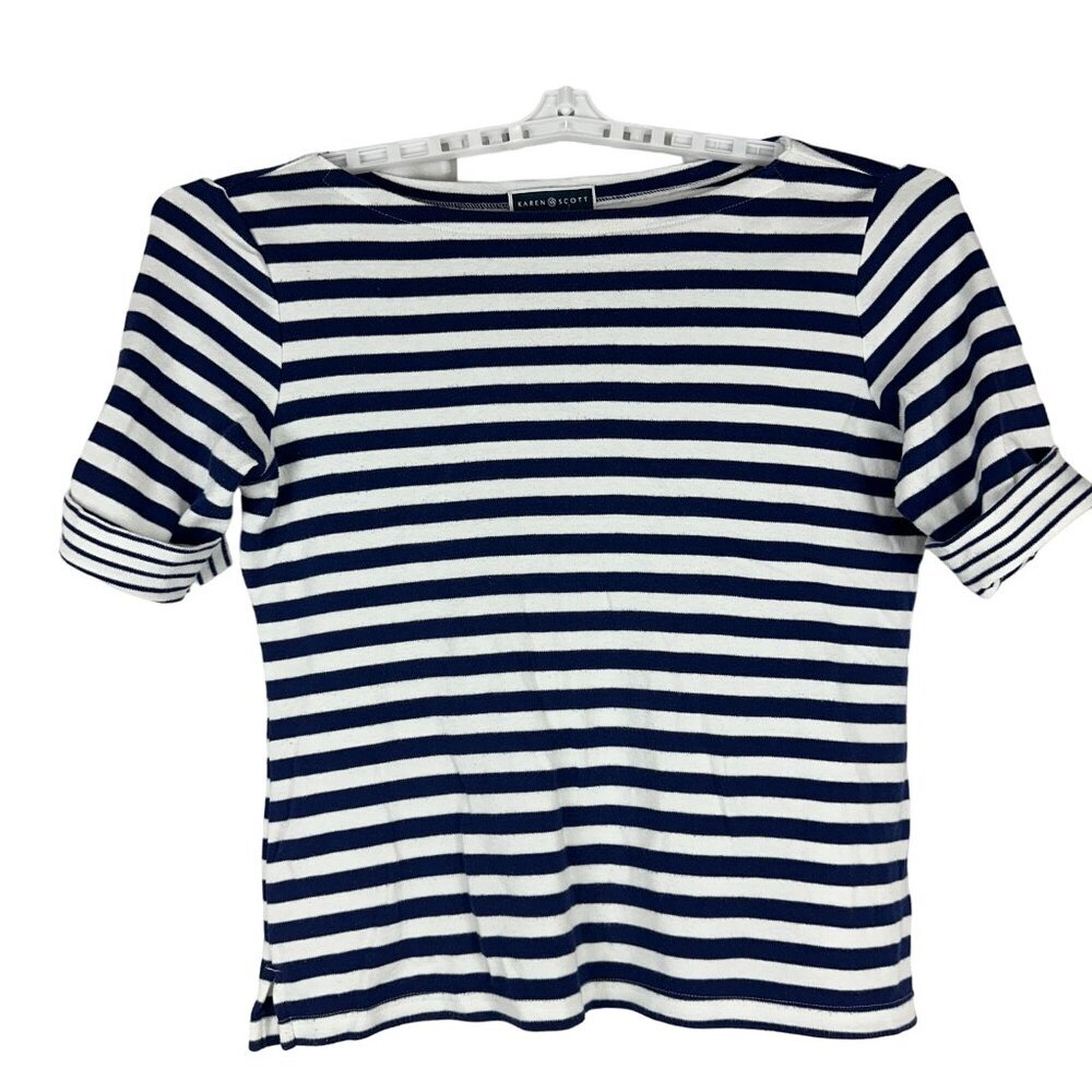 Karen Scott Womens Striped Shirt Large Blue White Cotton Blend Boat Neck Short S